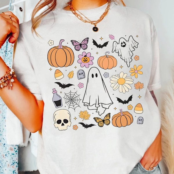 Ghost Print T-shirt, Halloween T-shirt, Kortærmet Besætning Hals Fritid T-shirt til Forår & Sommer, Kvindernes Tøj, WHITE L