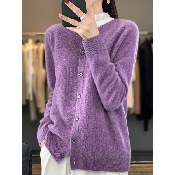 Mode Kvinder 100% Merinould Cardigans Cashmere Sweater Efterår Vinter O-Hals Langærmet Strik Kvinde Basic Tøj Toppe Shumei M