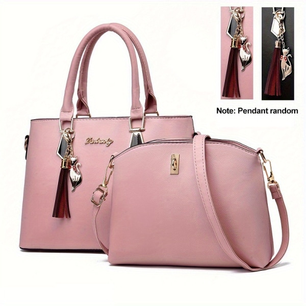2st PU-läderväska set, handväska med tofsdekor & crossbodyväska, kontors- och arbetsväska för kvinnor Light Pink