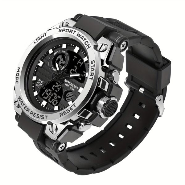 Men's Sports Outdoor Waterproof Military Watch, Date Multi Function Tactics LED Alarm Stoppur Watch Silvery