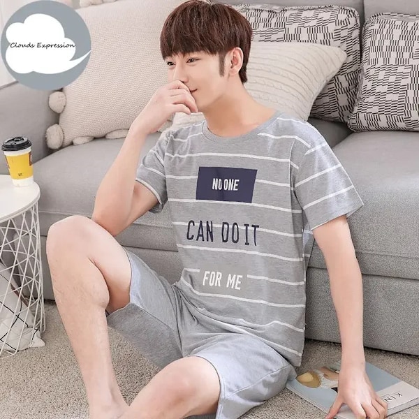 Sommaren Stickade Bomull Kort Ärm Mäns Pyjamas Sets Man Pyjamas Set Brev Pajama För Män Sleepwee Kostym För Hemkläder Storlek Xxxxl M19 2XL  ASIAN(75-85Kg)