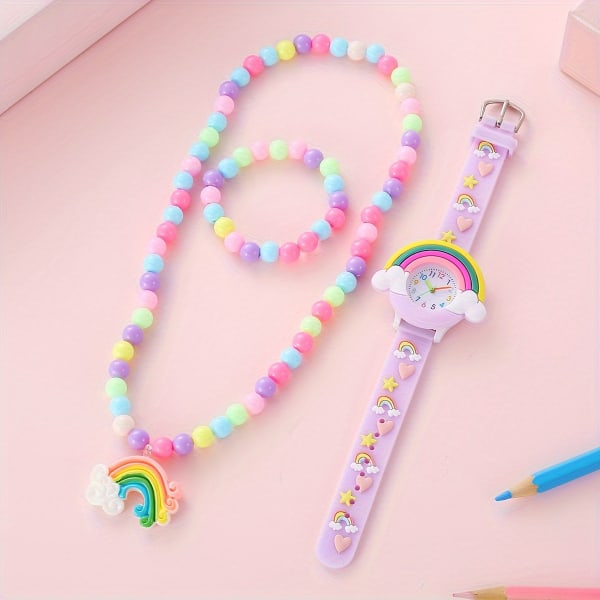 Tecknad Cat Rainbow Watch & Armband Halsband Set Pink Rainbow