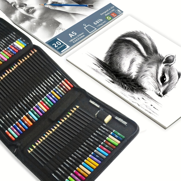72PCS ritsats, konsttillbehör inkluderar grafitskisspennor, färgpennor, med suddgummi, med skissbok, träkolspennor set och bärbart case
