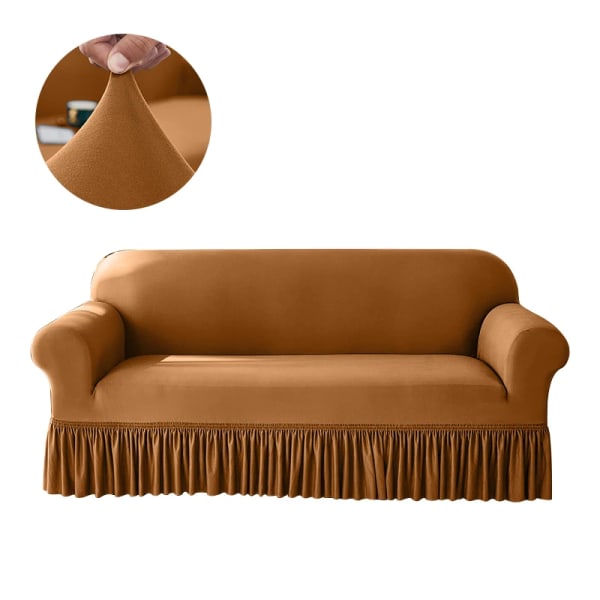 Högstretch enfärgad cover för vardagsrum Spandex cover med kjol Dammtät Halkfri soffa Överdrag Hem Camel 1 seat  90-140cm