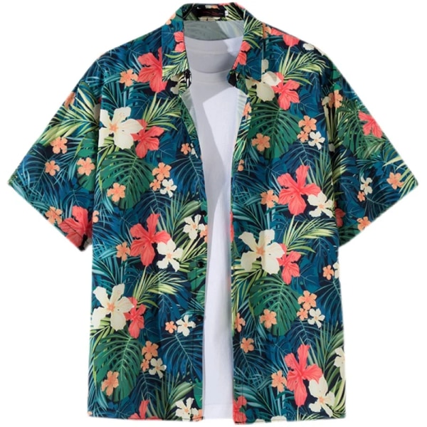 Män Gatumode Sommar Daglig skjorta Hawaiianskt tecknat print Casual lösa skjortor Kortärmade strand lösa toppar green XL