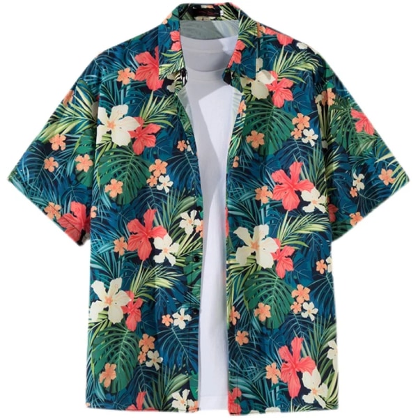 Män Gatumode Sommar Daglig skjorta Hawaiianskt tecknat print Casual lösa skjortor Kortärmade strand lösa toppar Turquoise L