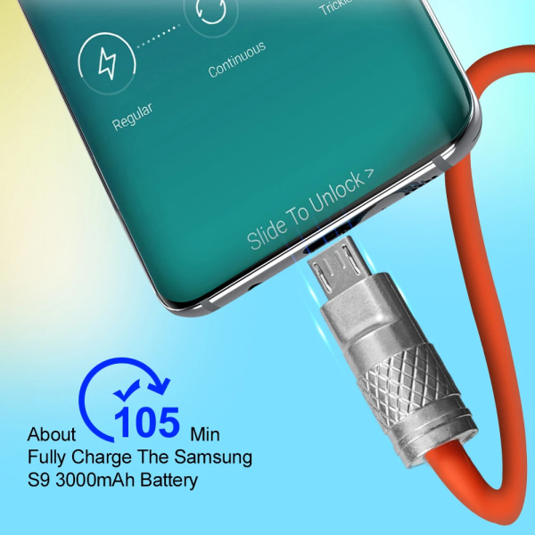 Zinklegering Micro USB Mobiltelefonkabel Android Snabbladdare Datasladd 120W 6A Snabbladdningskablar för Samsung Xiaomi Redmi Orange 2m