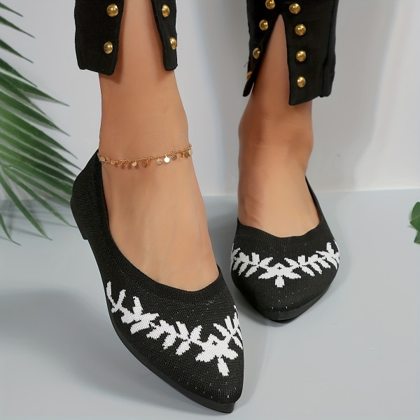Platta skor med bladmönster för kvinnor, stickade slip-on-skor med spetsad tå, bekväma andningsbara balettskor Khaki CN240(EU38)