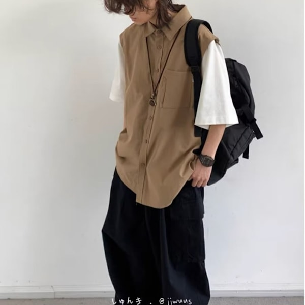 Ulkona Mori Style Faux Kaksikappaletta Lyhythihainen Miesten Liivitakki Paidan Japanilainen Style Miesten Casual Junior St Trendikäs Kesätoppi Khaki XXL