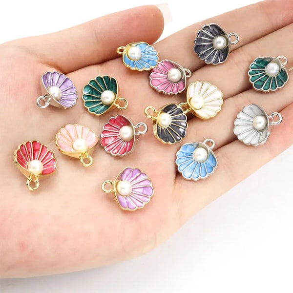 10St Imitation Pearl Färgglada Shell Emalje Charm Summer Beach Smycken Fynd Diy Armband Halsbande Örhängen Legering Pendants Style3-10pcs