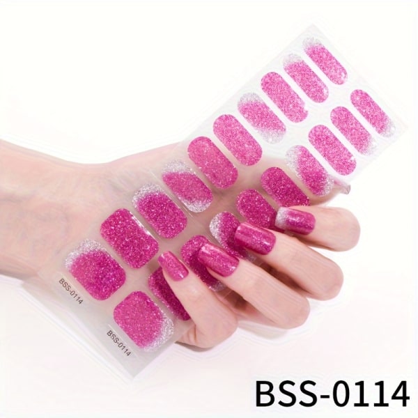 Halvhärdade Gel Nail Stirps, Långvarig & Salongkvalitet, Lätt att applicera och ta bort, Inkluderar nagelfil och träpinnar, Gradient och Glitter Design BSS-0109 Flash Pink