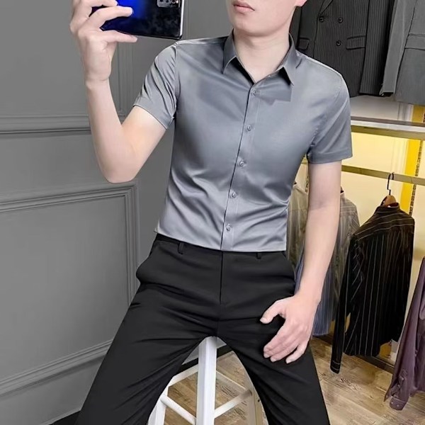 Mäns Tröja Lång Ärm Sommar Slim Fit Stretch Business 2023 Nya Mäns Kostym Skjorta Black Long Sleeve XXXL