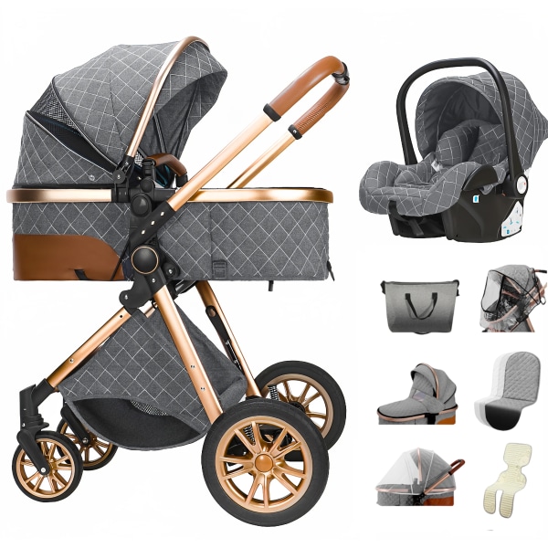Lyxig baby 3 i 1 bärbar baby hopfällbara barnvagnar hög landskap aluminiumram bil för nyfödd baby 3 in 1 grey