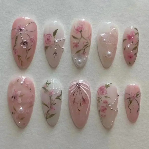 24 stk. Pink Almond Falske Negle Butterfly Ballet med Fransk Design Bærbar Falske Negle Enkle Kunstige Tryk på Negle Tips Kunst 19