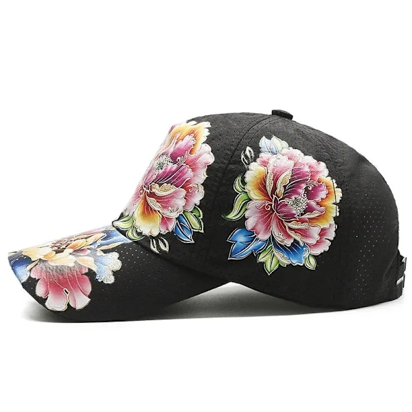 Sommer Hurtig Tør Baseball Cap Mænd Og Kvinder Blomst Sol Hat Trykt Kinesisk Stil Floral Sol Hatte Udendørs Hat black Adjustable