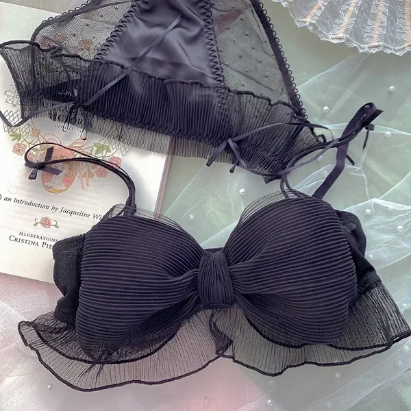 Uusi Japanilainen Bras Lolita Tytöt Viker Bow Ihana Alusvaatesetti Mesh Söpö Rimless Bh Mukava Söpö Söpö Bra Brat Sarjat tianmeiWhiteSet 36-80AB