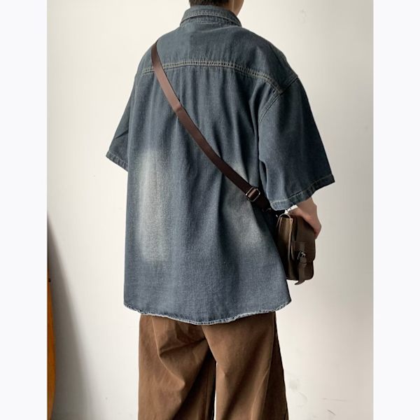 Kesän japanilainen pesty distressed lyhythihainen denimpaita pojille ja tytöille retro trendikäs Ruan Handsig Work -vaatteet Shira T-takki Trend Light Blue XXL