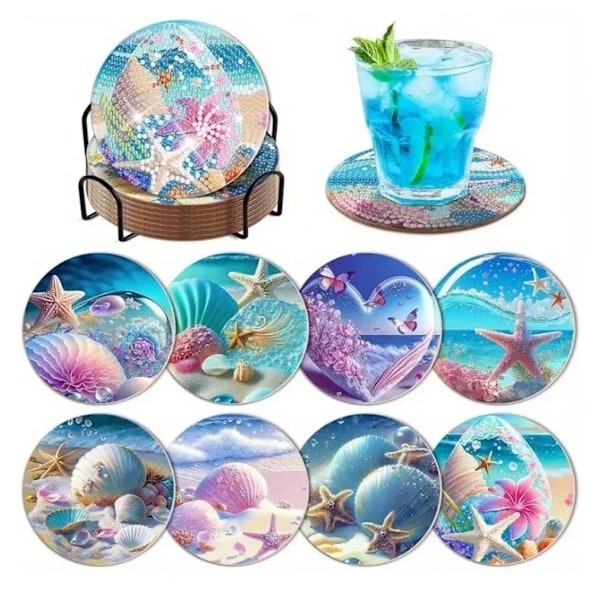 8pcs/Set DIY Diamond Painting Coasters with Holder Anti Slip Wood Drip Mats Crystal Rhinestones Diamond Art Coasters for Adults AA1650-8pcs