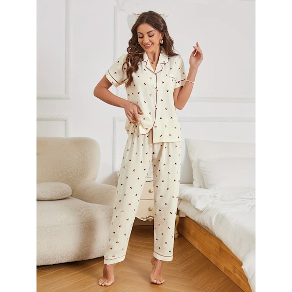 Kirsebær Print Tekstureret Pyjamas Sæt Casual Korte Ærmer Knap Lukning Lapel Top & Elastiske Bukser Kvinder Sleepwear Beige XL