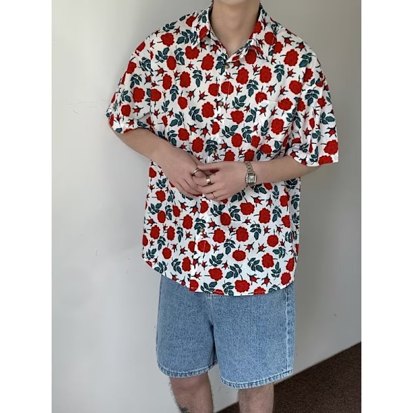 Hawaiian Rose Kortærmet Skjorte Mænds Amerikansk Retro Design Trendy Mærke Ruan Handsom Halv Ærme Strand Trøje Treny Red XL