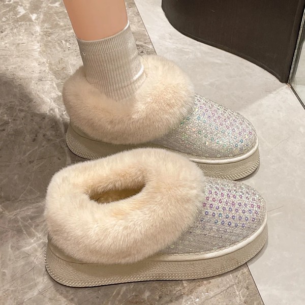 Kvinde Fluffy Faux Pels Støvler Glitter Paljetter Slip På Platform Ankel Støvler Kvinde Tyk Såler Plys Varm Vinterstøvler Mujer Formand WHITE 39