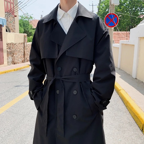 Koreansk Stil Spring Trench Coat Male Streetwear Windbreaker Trenchcoat Män Solid Business Casual Loose Lång Övercoat Black Asian 4XL(90-100kg)