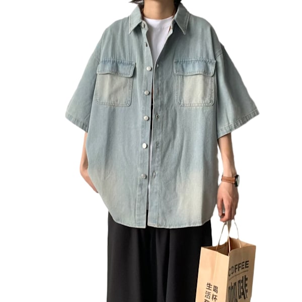 Kesän japanilainen pesty distressed lyhythihainen denimpaita pojille ja tytöille retro trendikäs Ruan Handsig Work -vaatteet Shira T-takki Trend Light Blue XXL