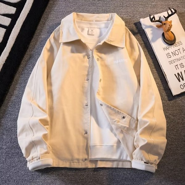 Paksu Rock Miesten Muoti Brändi Talvi Löysä Japanilainen Style Komea Yksivärinen Takki Lapelilla Baseball-Asuste Pitkähihainen Paita Syksy Ja Talvi Creamy-White XXXL