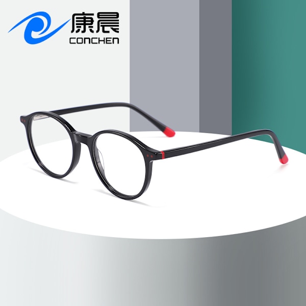 Nya Retro Rice Nail Optiska Glasögon Ram Högkvalitativ Sense Rund Ram Vanliga Glasögon Grader Myopi Platta Glasögon Ram Partihandel C1 Bright Black Frame/Red Toe Plank Material Frame