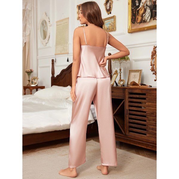 Solid Satin Pyjamasæt V-hals Cami Top Elastiske Midjebukser Kvindernes Sovetøj Loungewear Pink M