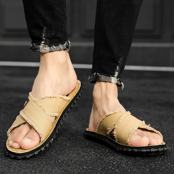 Män Sommaren Canvas Tofflor Mode Tyg Hem Mäns Tofflor Utomhus Gummi Platt Män Sandaler Casual Slides House Floor Toffpare Khaki 41