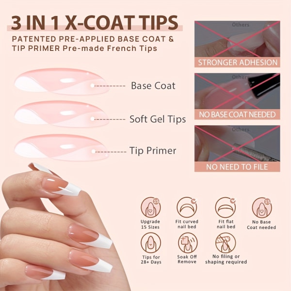 240st French Tip Gel Nail Tips - Brun/Rosa mjuk Gel Nail Tips, Ultra Fit French Tip Press On Nails 15 storlekar, Tip Primer & Base Coat Cover Pink Square