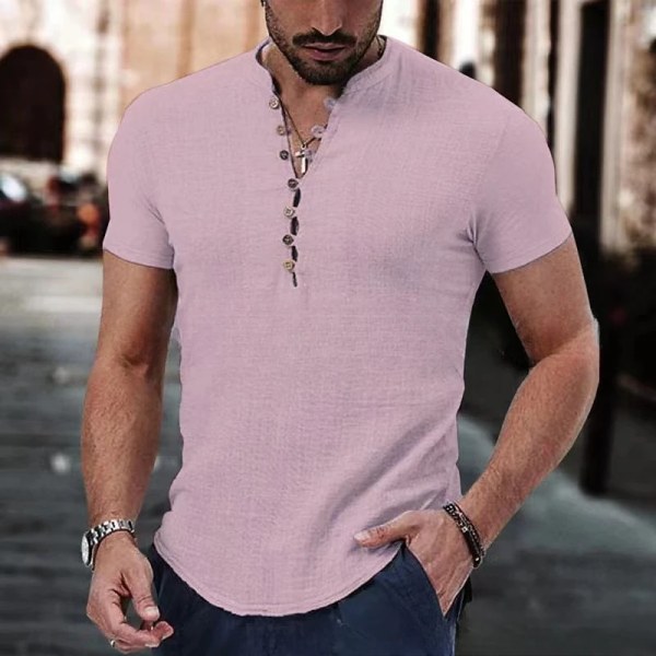 2023 Ny kortärmad t-shirt för män V-ringad knapp Bomullslinneskjorta Herr Casual Populära toppar för män pink US L