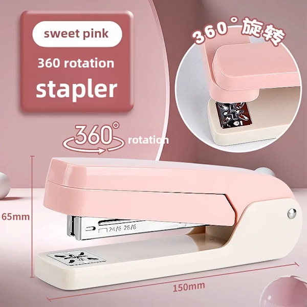 Suuri 360 pyörivä niittausajan säästävä muodikas toimisto-opiskelijaniittauslaite korkea esteettinen arvo nro 12. 360 Rotating Stapler (pink)