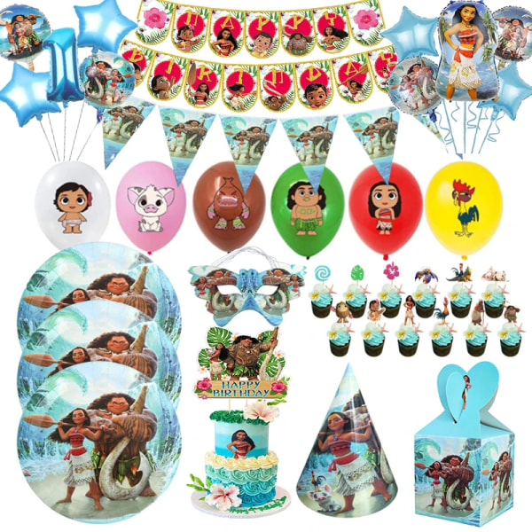 Moana Temafest Set Vaiana Oceania Tallrik Banner Tårta Topper Tallrik Barn Födelsedagsfest Dekoration Ballonger Flickor Favor 1pc Round Balloon A