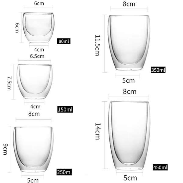 6-pack Dubbelväggiga Glasmuggar i 5 Storlekar, Isolerande Lager, Set för Bar, Te, Mjölk, Juice, Vatten, Espresso Shotglas 6 Pcs 301-400ml