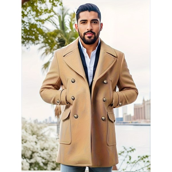 Trendig retro enfärgad långärmad kappa för män Windbreaker Lapel lång överrock för höstvinter Khaki XL(52)