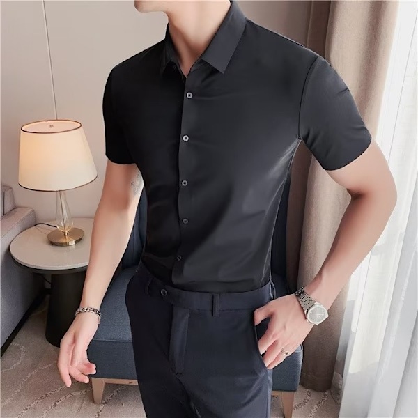 Mäns Tröja Lång Ärm Sommar Slim Fit Stretch Business 2023 Nya Mäns Kostym Skjorta Black Long Sleeve L