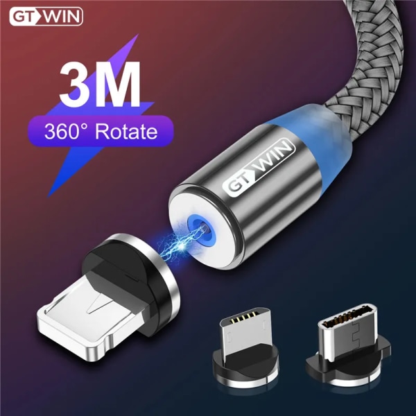 3M LED magnetisk USB -kabel Micro Type C-kabel Snabbladdning Telefonladdsladd Kabel för POCO iPhone 14 Huawei Xiaomi Samsung Gray For Micro