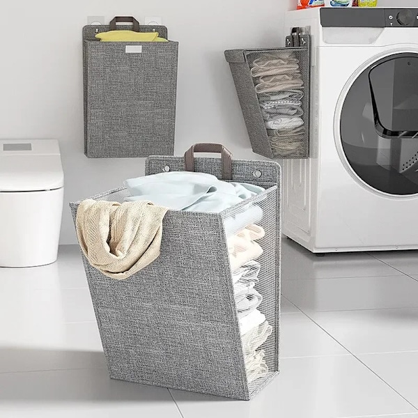 1Pc Vikbara Tvättkorg Hamper, Multifunktionella Punch Fri Vägg Hängande Tvättkläder Mesh Krok Organizerer Gray Medium S