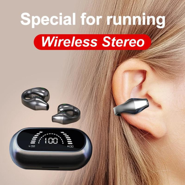 Open Ear Trådlösa hörlurar Stereo hörlurar Ridning Löpning Sport Öronklämma Typ TWS Headset med LED Digital Display Case WHITE