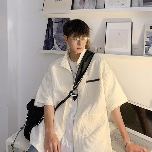 Våffel, Dubbel Dragkedja, Skjorta, Halv Ärm Sommar, Trendig, Pu Shuai, Casual, Mäns High Street Stand Krage, Skjorta Black XL