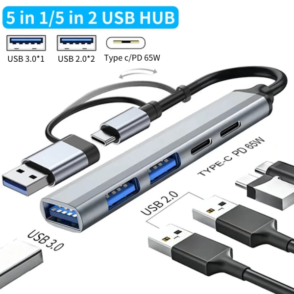 5 in 1/5 in 2 USB C Hub USB 3.0 2.0 PD Splitter 65W Multiport Adapter för macbook Mobile Phone Extender 5 in 1 silver
