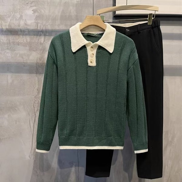 Europeisk Och Amerikansk Kontrast Färg Lapels Knappen Långärmad Tröja Mäns Mild Lyx Retro Dagligen Casual Höstknapp Och Vinter Stickkläder I Topp Green XXL