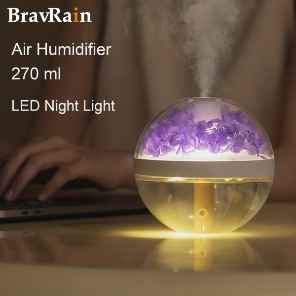1 st 270 ml luftfuktare med LED-nattljus, tyst genomskinlig sfärisk doftspridare med färgglada blommor Purple
