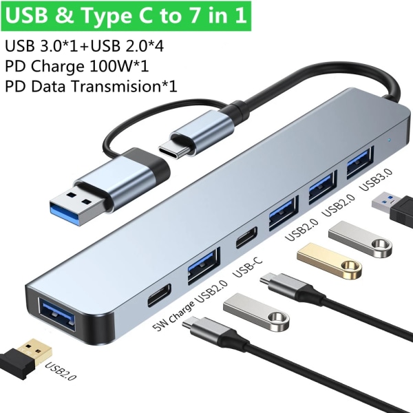Extenseur multiport USB för telefon Xiaomi och tablette, répartiteur av typ C, adapter USB S6, 3 portar, 4 portar, 5 portar, 7/8 portar, 2 och 1 usb type c 7 in 1