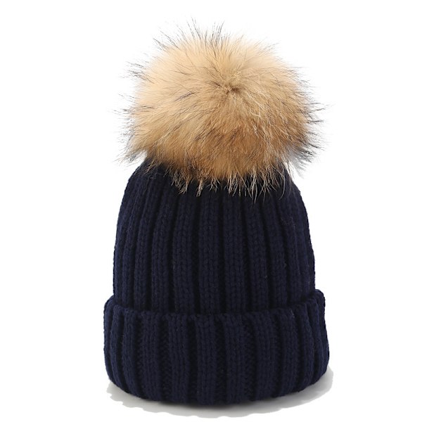 Ins New Big Fur Ball Hat Män Och Kvinnor Höst Och Vinter Utomhus Allt-Matcher Raccoon Riktiga Fur Ball Stickade Hat Varm Förälder-Chi Ld Hatt Blue Adult (56-60Cm)