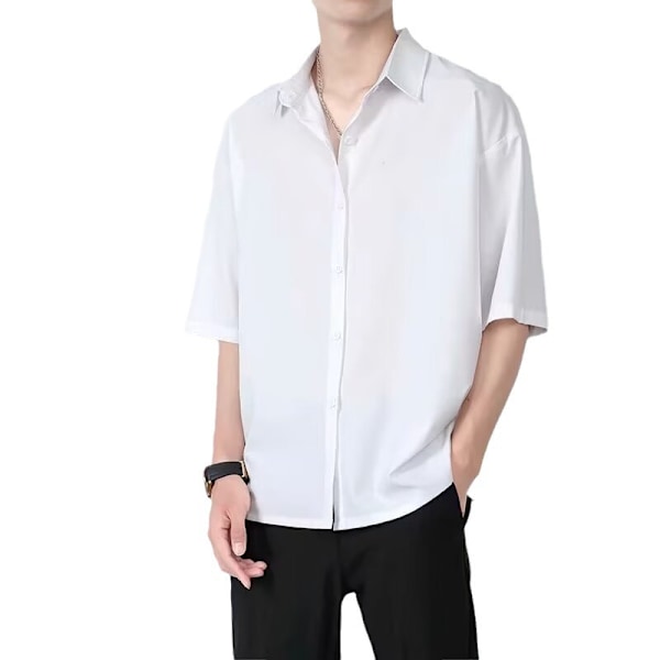 Ice Silk Skjorte Mænd Kort Ærme Sommer Trend Mænd Casual Rock Høj Grad Følelse Af Plankton Stilfuld Fem- Kvartær Ærme Sort Skjorte Black L