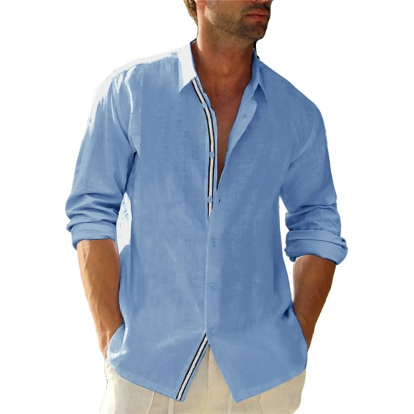 2023 Autumn Solid Herrskjorta Baggy långärmad knapp Hawaiiansk 100 % bomull Linneskjorta för män Blus Camisa Masculina Streetwear S95506082 XL