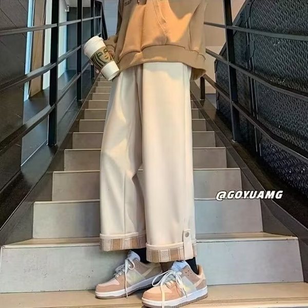 Housut Syksy Ja Talvi Fleece-Vuorattu Suosittu Loose Casual Housut Yksivärinen Harajuku Miesten Uudet Suorat Trendikkäät Urheiluhousut S Apricot L